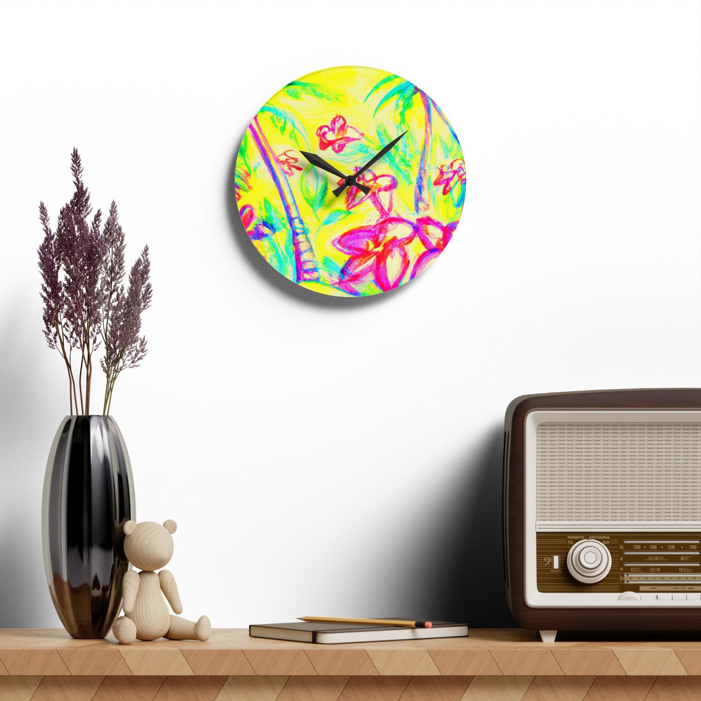 Acrylic Wall Clock / Tropical Doodles, Yellow