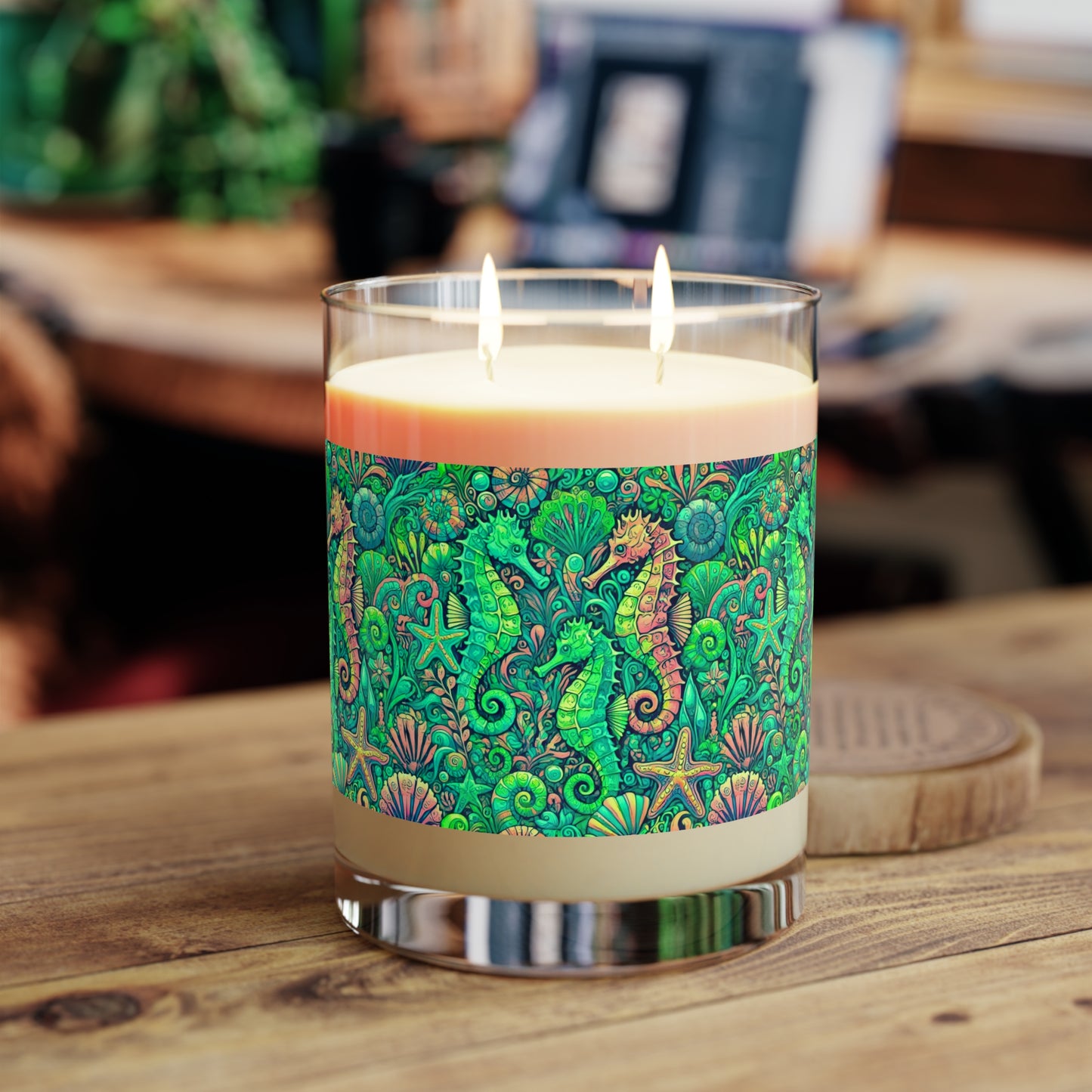 Seahorse Trio/Hot Lime Scented Candle - 11oz Full Glass, Tropical Decor