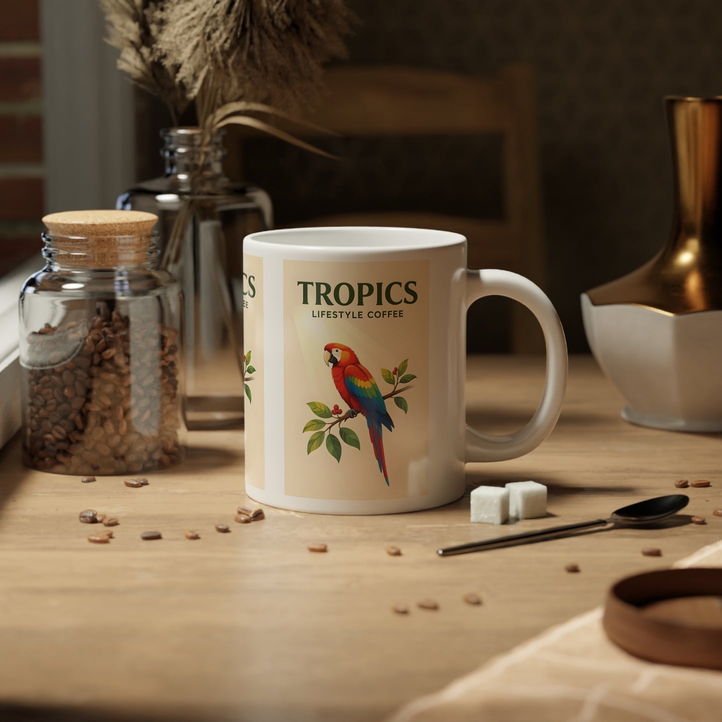 Jumbo Mug, 20oz, Colorful Parrot on Branch TLCoffee Logo | Tropical Coffee Cup