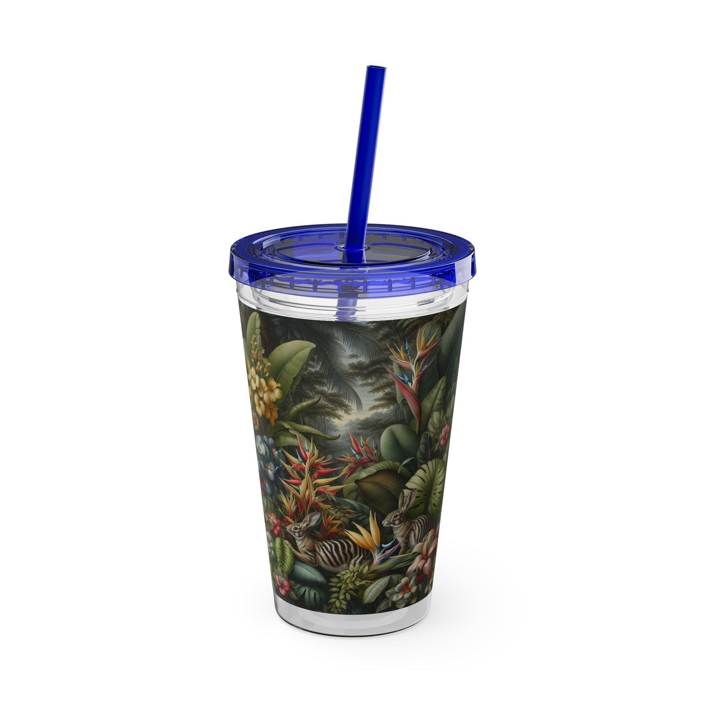 Tropical Tumbler with Straw | 16oz Colorful Travel Cup / Rainforest Rabbit Outing