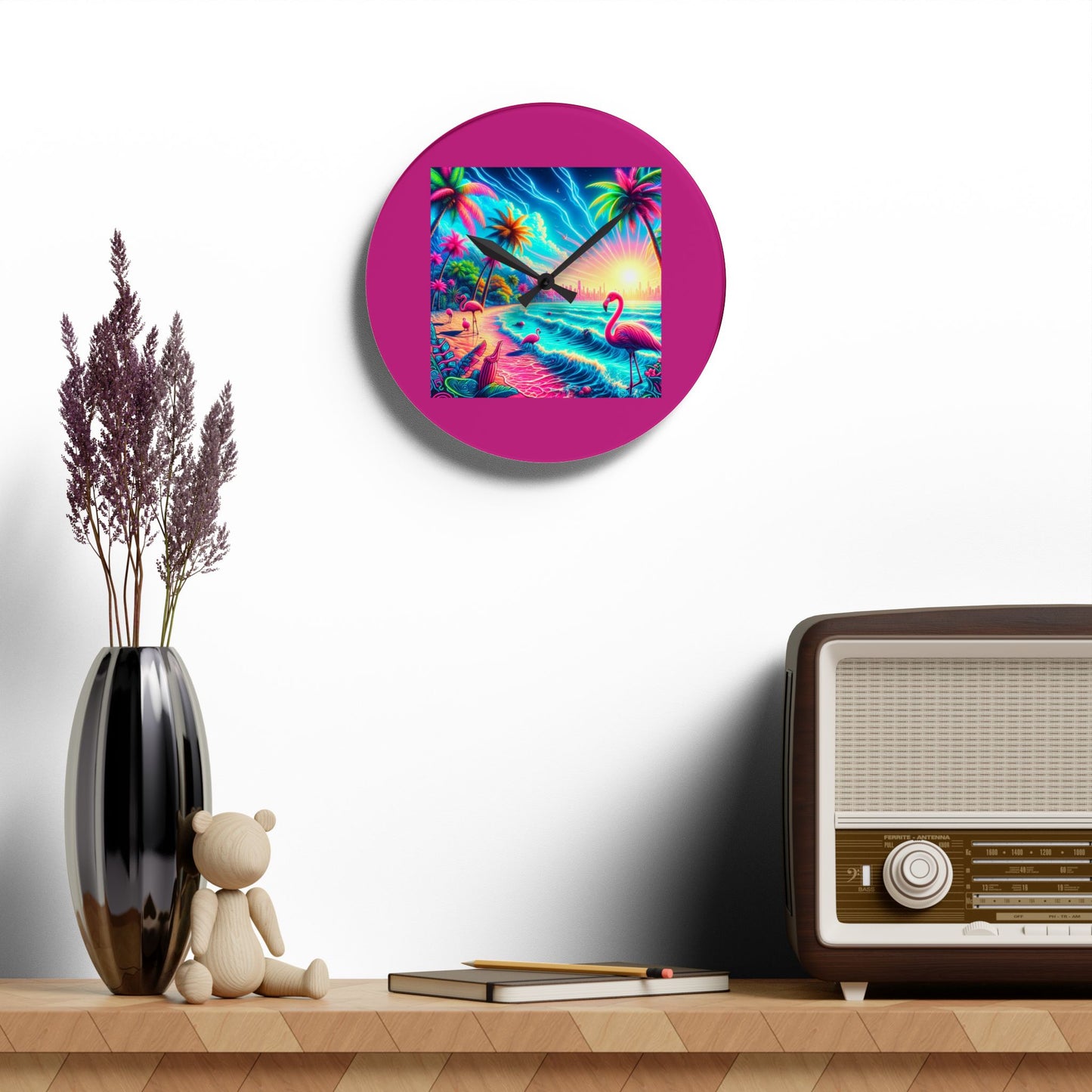 Acrylic Wall Clock / Pop Art Flamingo Beach, Pink