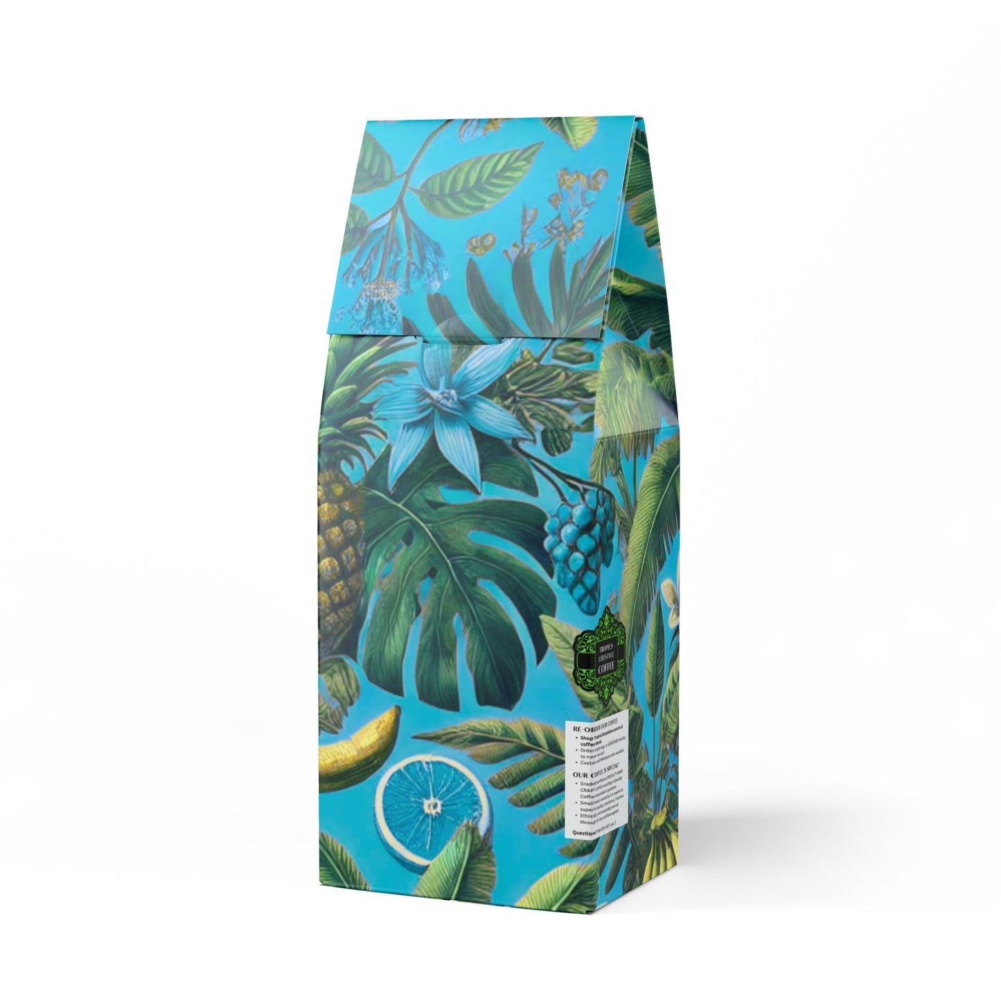 Black Coral Blend™ (Dark French Roast) Specialty Grade Craft Coffee / More Tropical Fruit, Aqua Blue