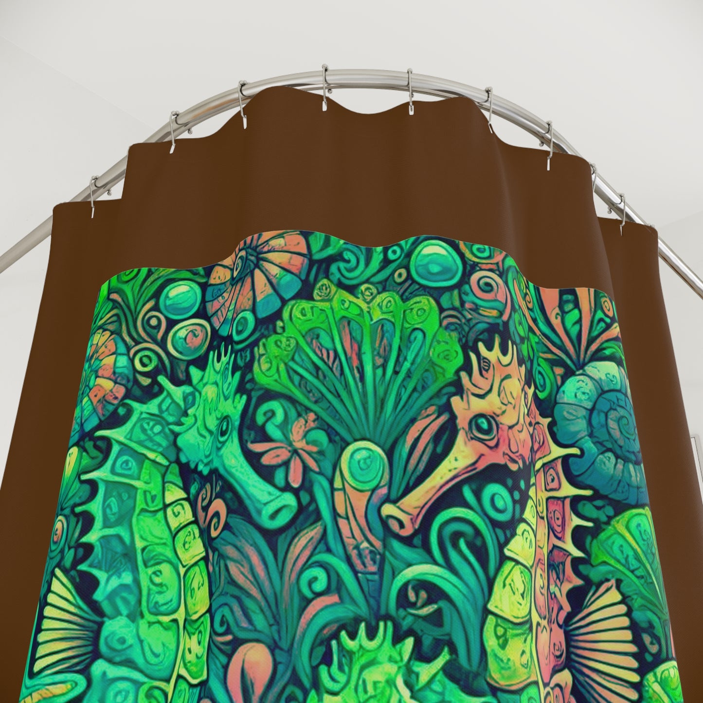 Tropical Shower Curtain - Ocean Bathroom Decor / Seahorse Trio Hot Lime/Brown