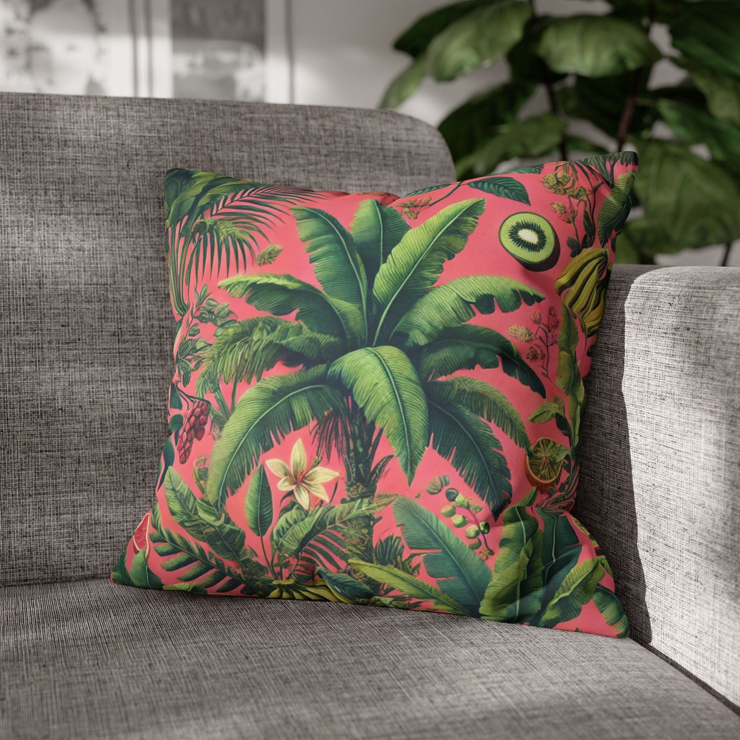 Faux Suede Square Pillowcase - Tropical Fruit, Coral