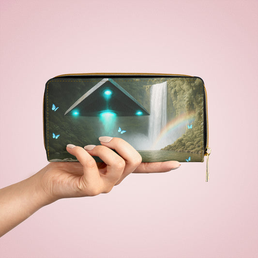 Tropical Zipper Wallet, Faux Leather / Vibrant Clutch / UFO and Macaws