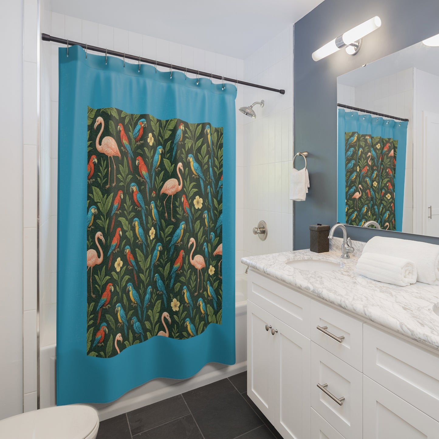 Tropical Shower Curtain - Rainforest Bathroom Decor / Flamingos and Parrots, Turquoise
