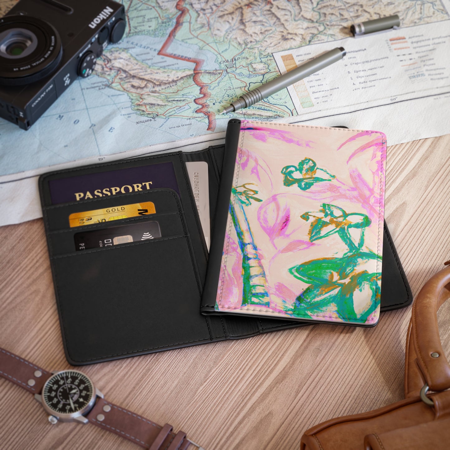 Tropical Passport Cover, Faux Leather - RFID blocking for travel security / Tropical Doodles, Pink