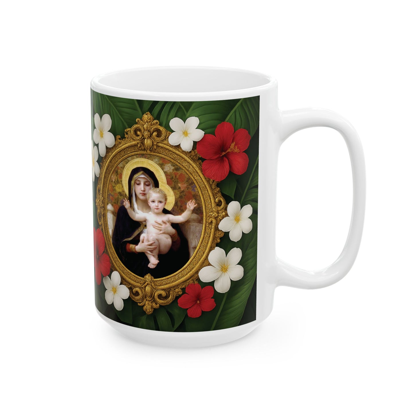 Religious Ceramic White Mug - 11oz & 15oz, Virgin of the Lilies