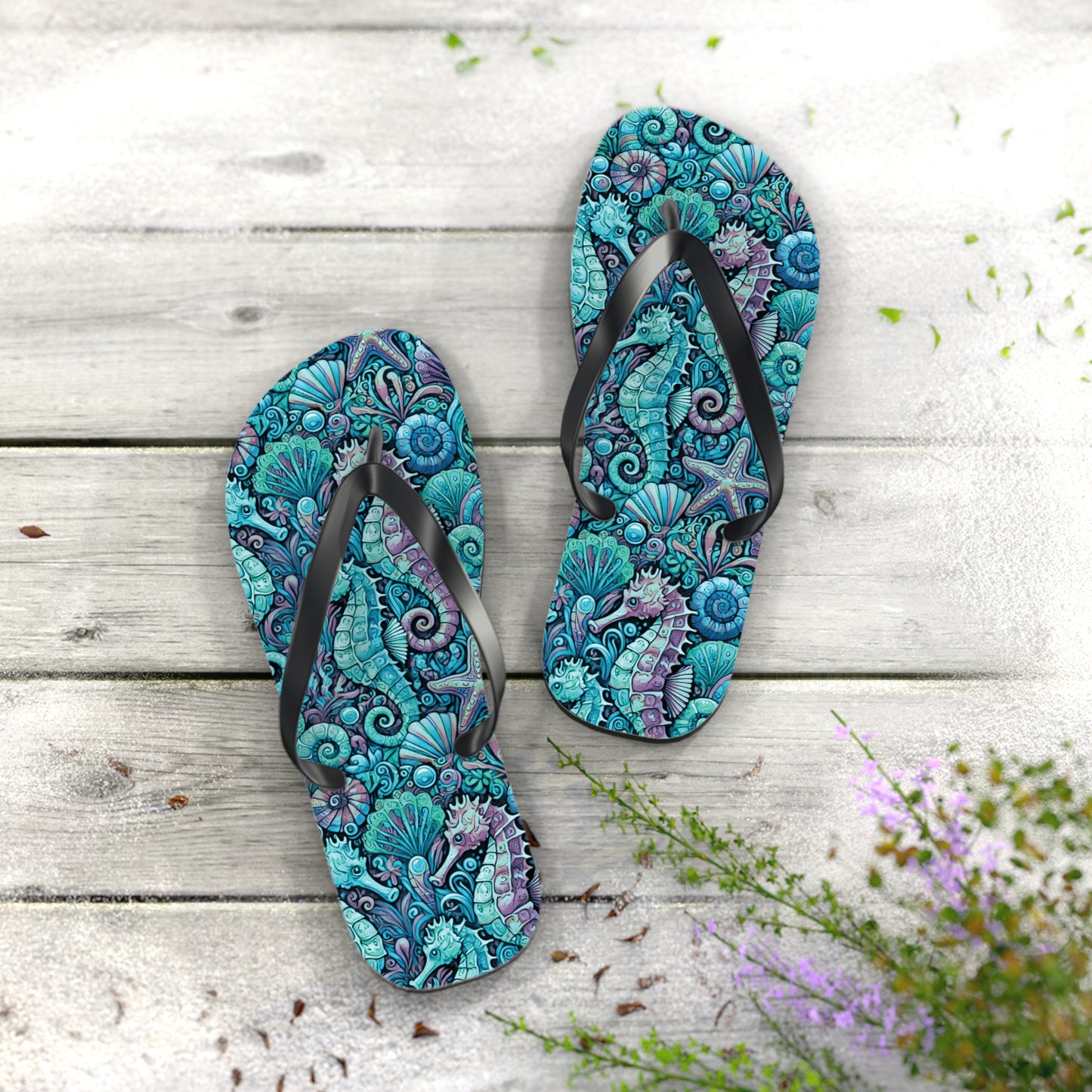 Flip Flops - Seahorses/Turquoise