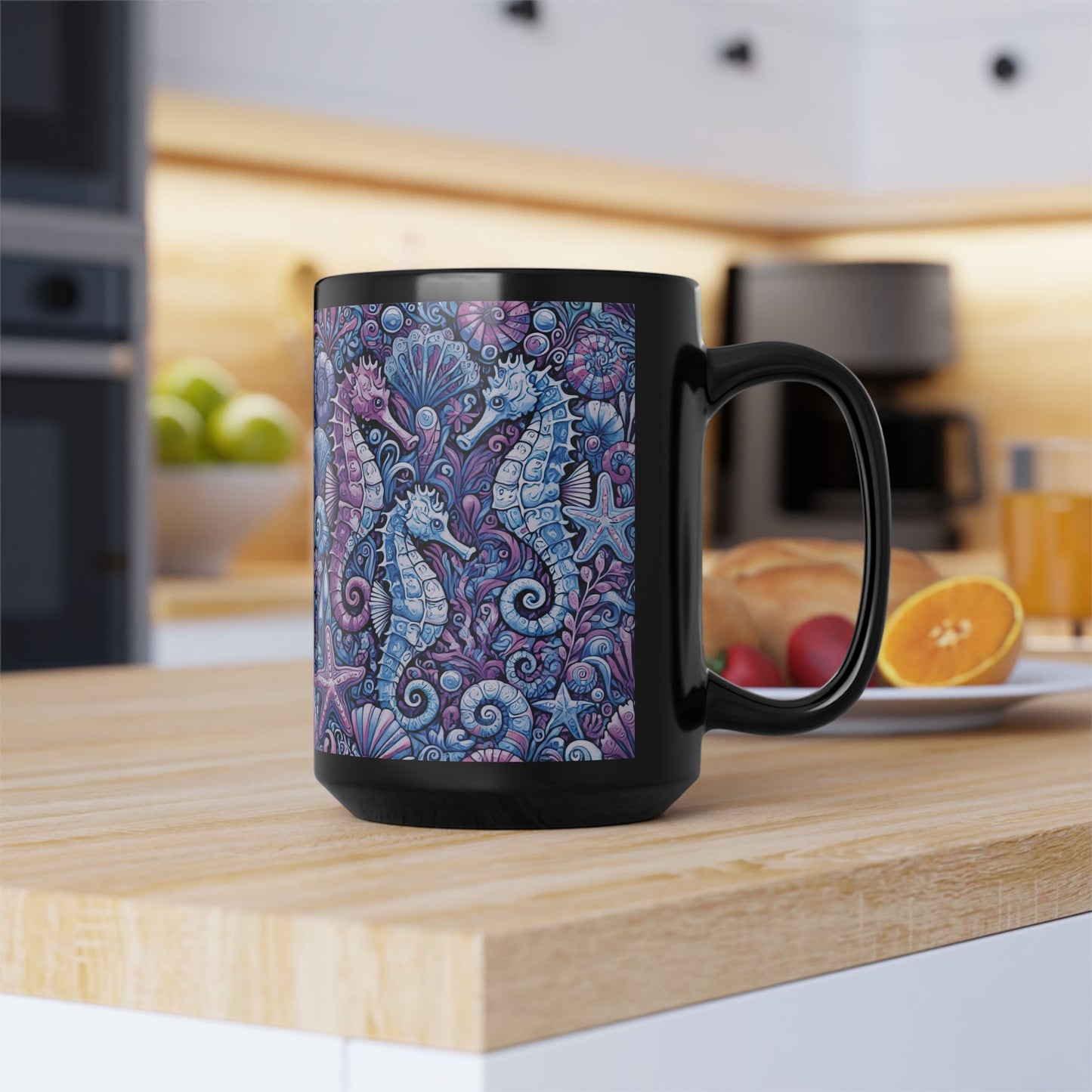 Black Coffee Mug - Seahorse Trio, Purple & Blue