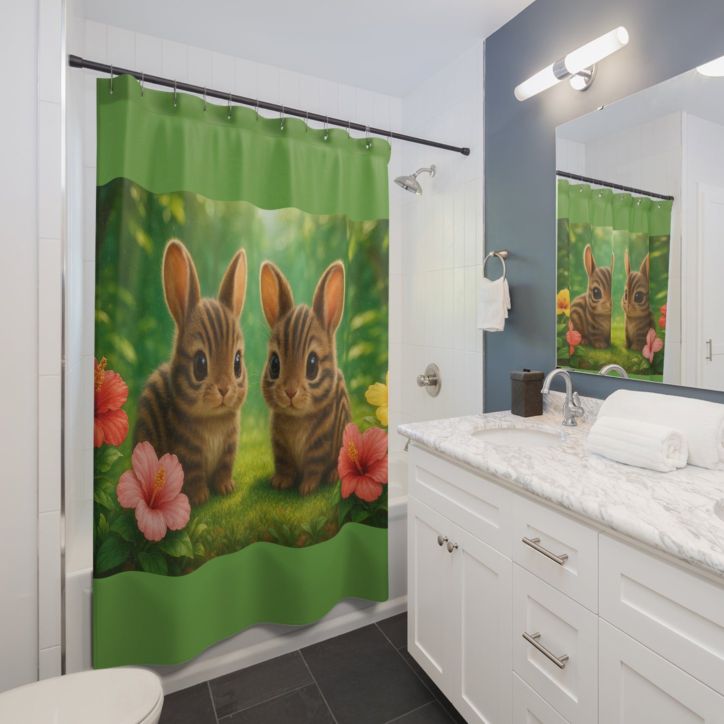 Tropical Shower Curtain - Rainforest Bathroom Decor / Baby Sumatran Rabbits/Green