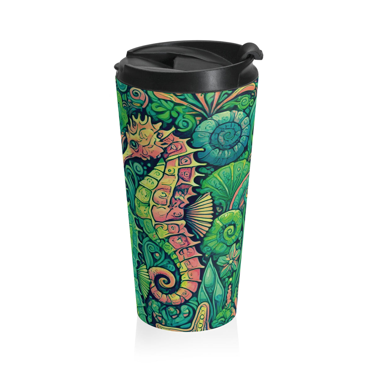 15 oz. Stainless Steel Travel Mug / Seahorse Trio, Lime