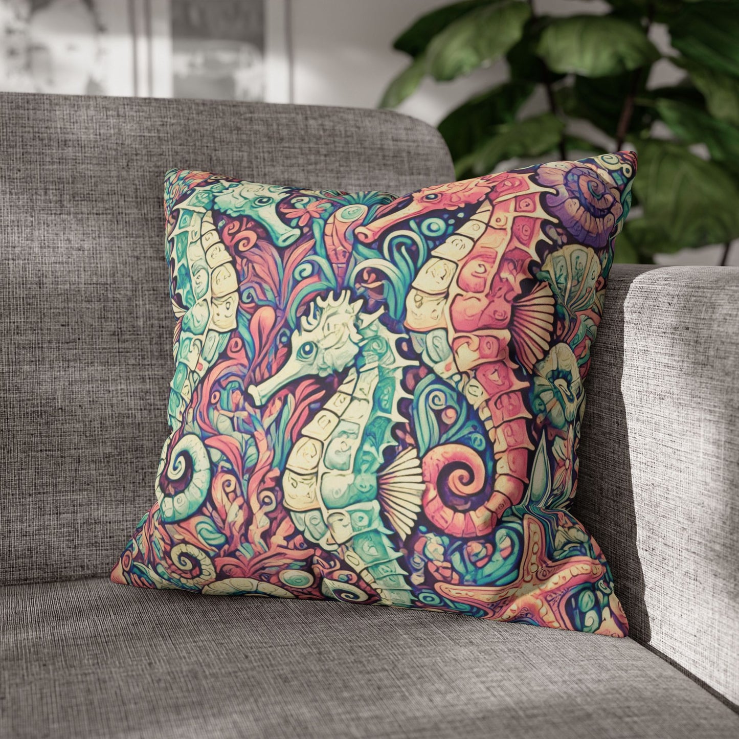 Faux Suede Square Pillowcase - Seahorse Trio, Retro