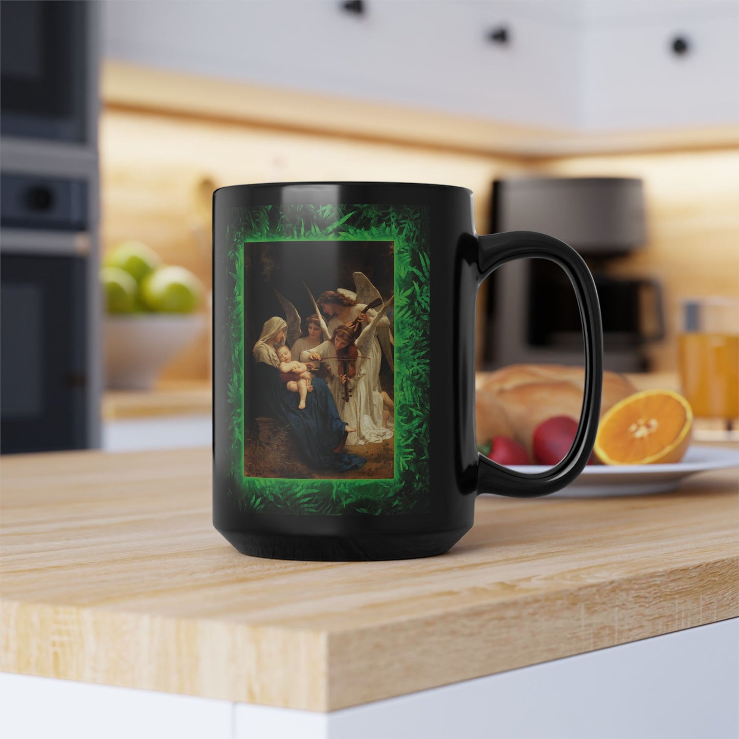 Black Coffee Mug, Religious - Tropical Glow, Song of the Angels