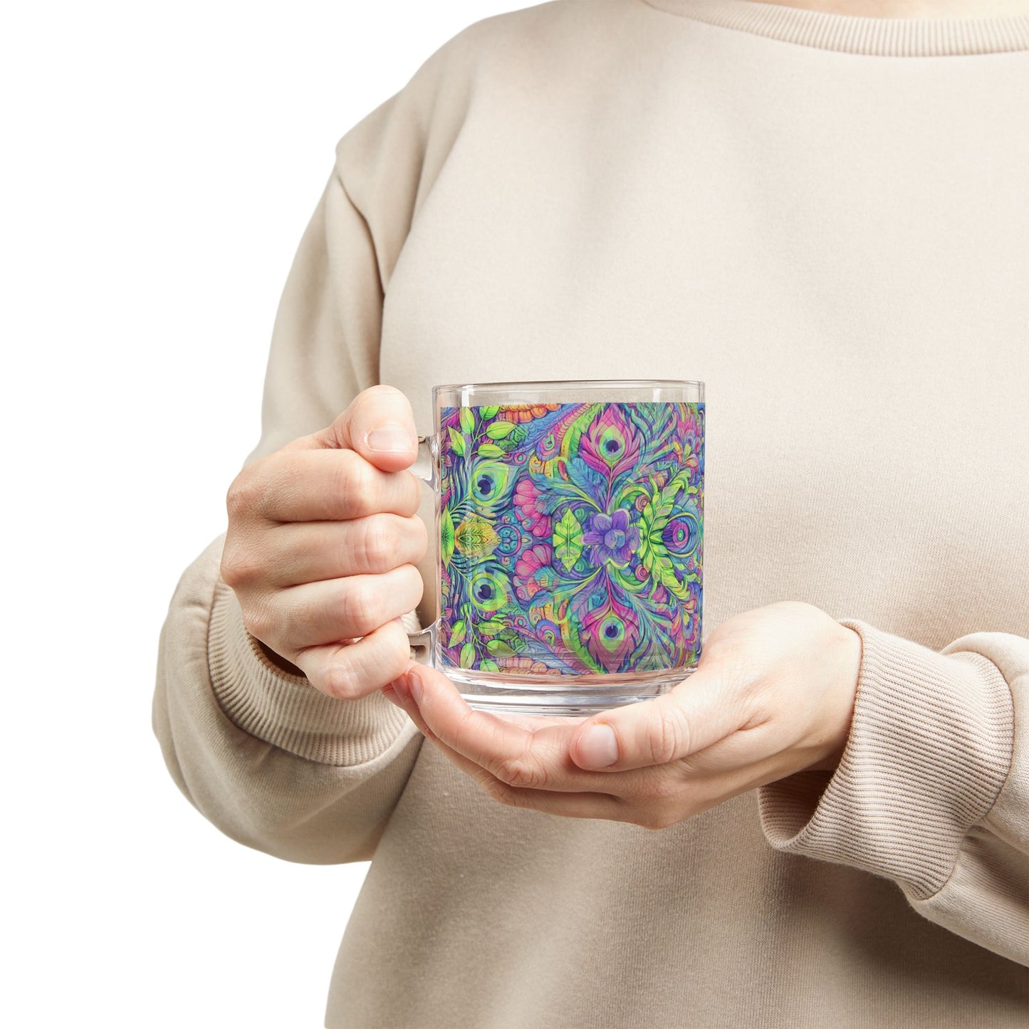 Tropical Glass Mug - 10oz Coffee Cup / Peacock Prism Kaleido