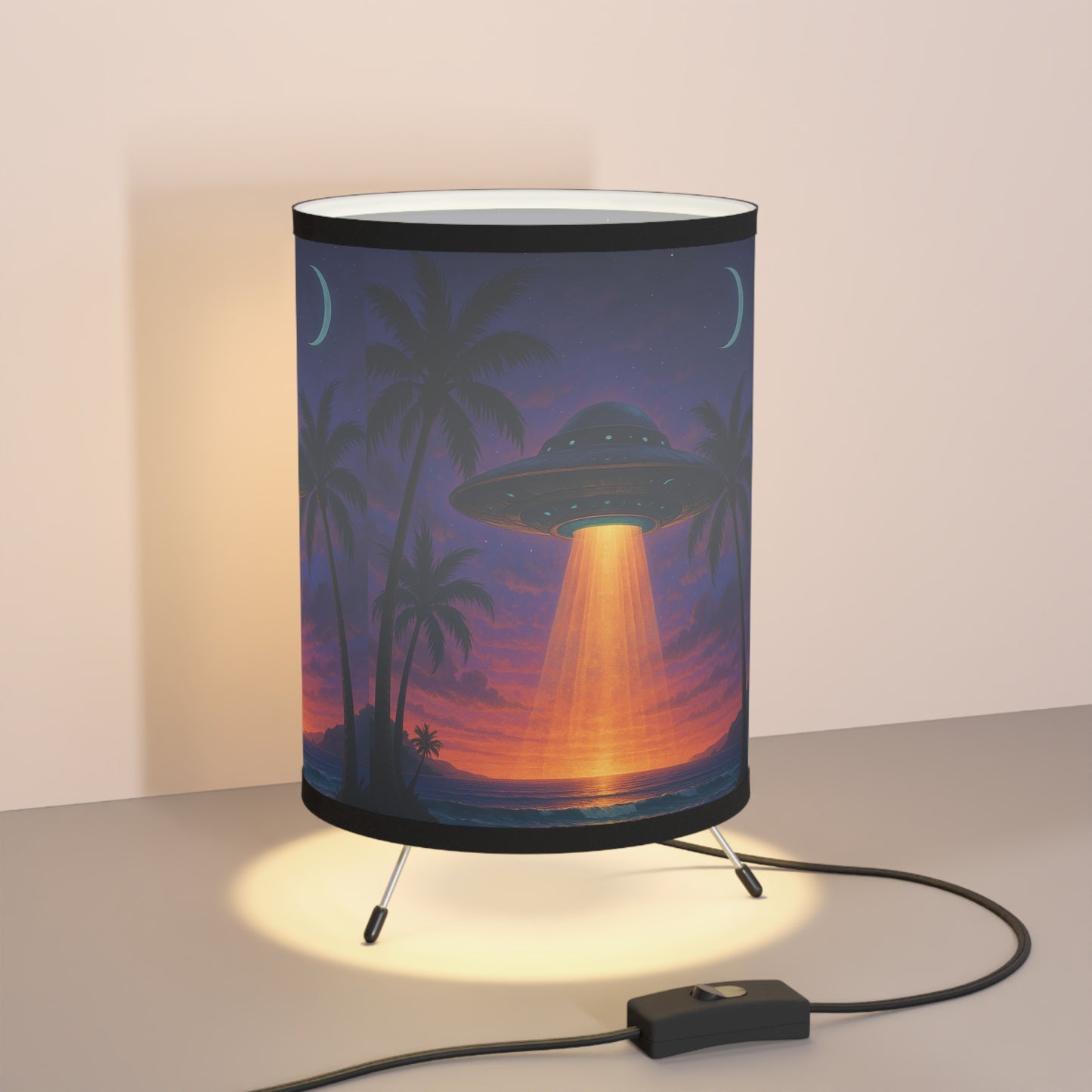 Beach UFO at Night Tripod Lamp with Artistic High-Res Shade - Perfect for Home Décor