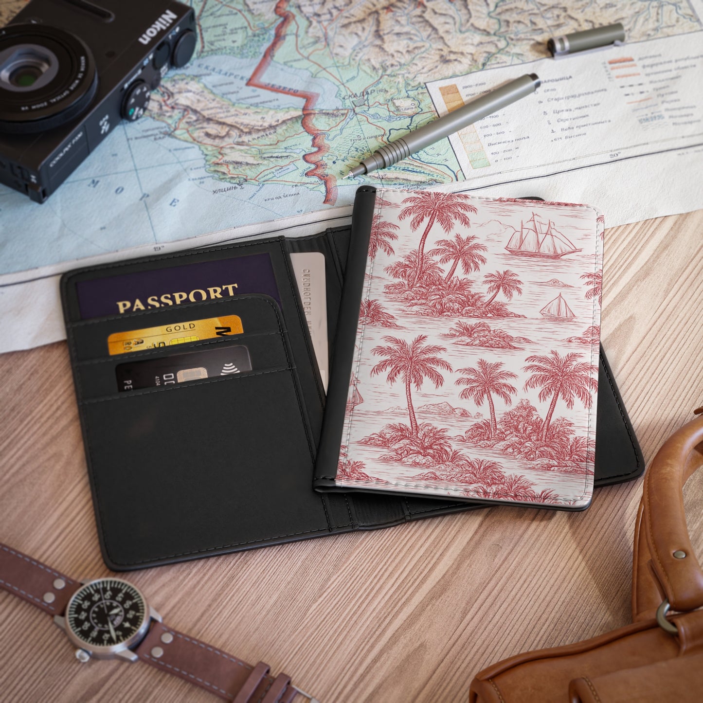 Tropical Passport Cover, Faux Leather - RFID blocking for travel security / Faraway Toile, Red