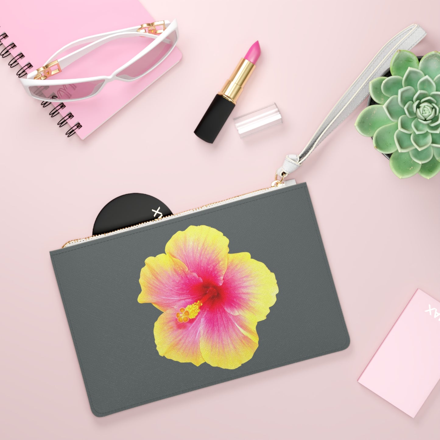 Tropical Faux Leather Clutch Bag - Perfect for Beach Adventures & Summer Vacations / Photo Yellow Hibiscus, Dark Grey