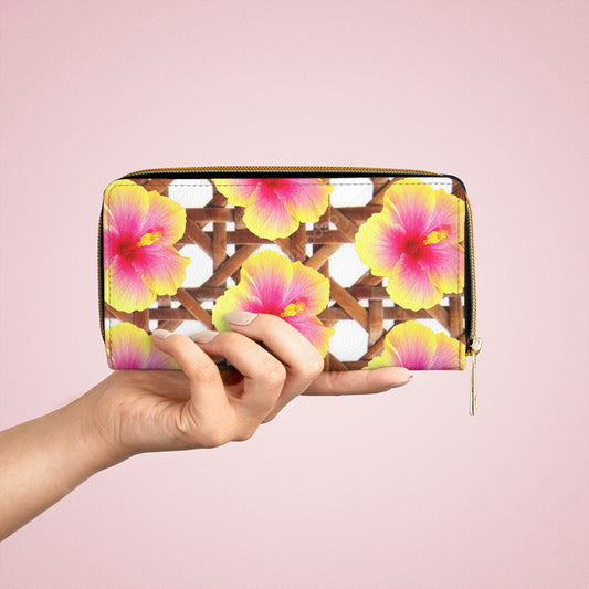 Tropical Zipper Wallet, Faux Leather / Vibrant Clutch / Wicker and Sunset Hibiscus