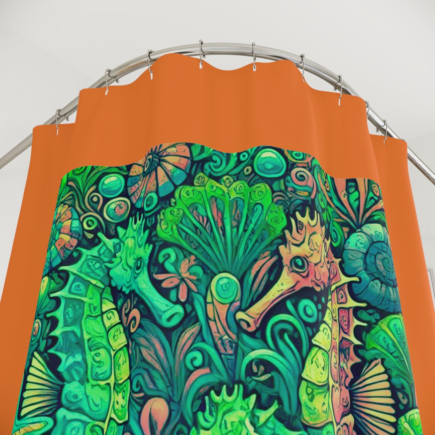 Tropical Shower Curtain - Ocean Bathroom Decor / Seahorse Trio Hot Lime/Crusta Orange