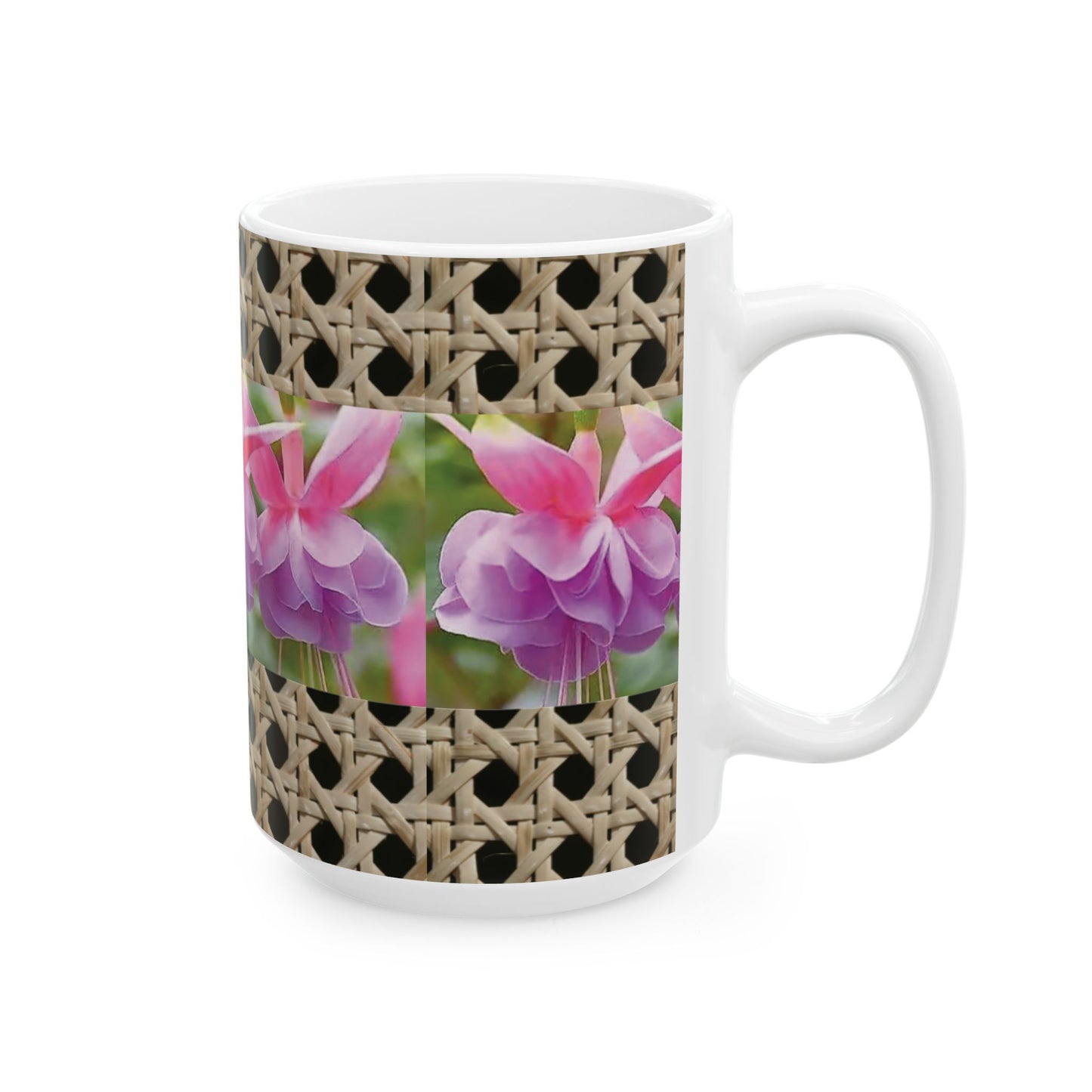 Ceramic White Mug - 11oz & 15oz, Wicker & Two Fuchsias Photo