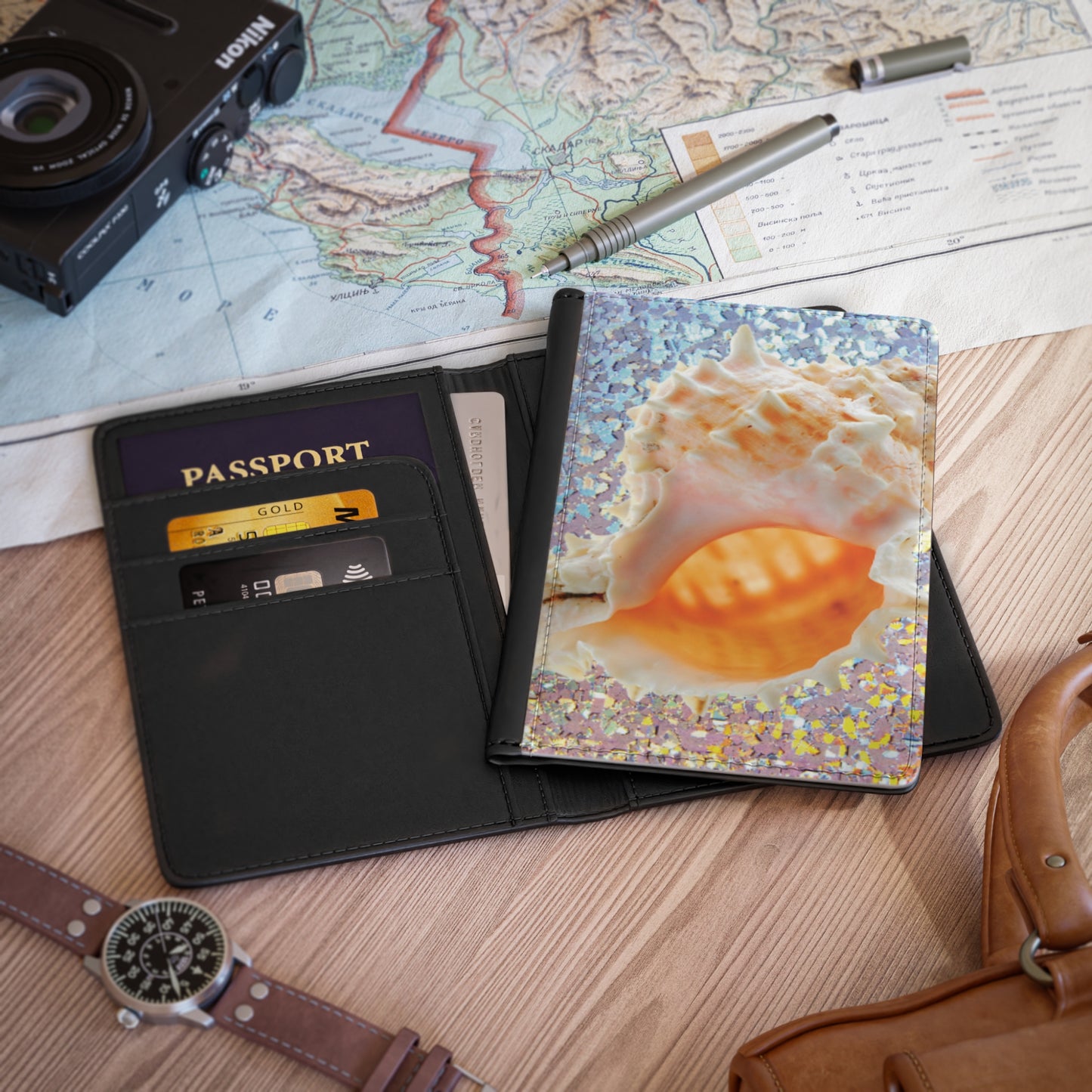 Tropical Passport Cover, Faux Leather - RFID blocking for travel security / Disco Conch Shell