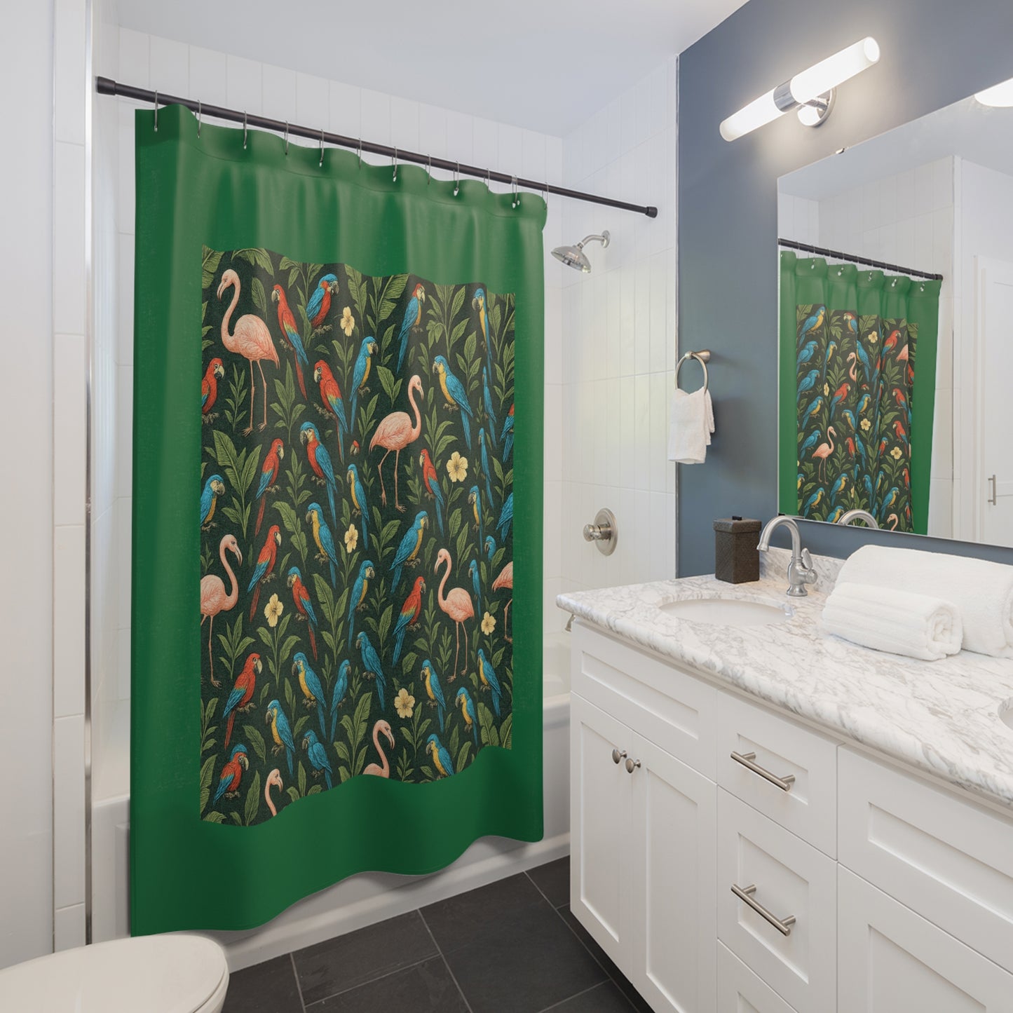 Tropical Shower Curtain - Rainforest Bathroom Decor / Flamingos and Parrots, Dark Green