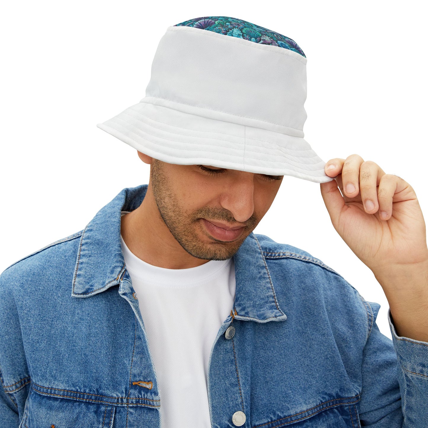 Tropical Polyester Bucket Hat, 2 Sizes - Seahorses Turquoise/White