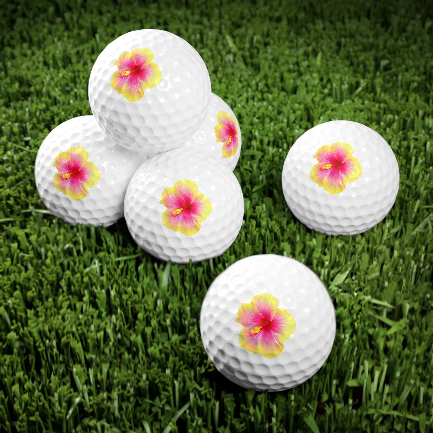 Tropical-Themed Golf Balls, 6pcs - Perfect Gift for Golf Enthusiasts / Photo Hibiscus, Yellow-Pink