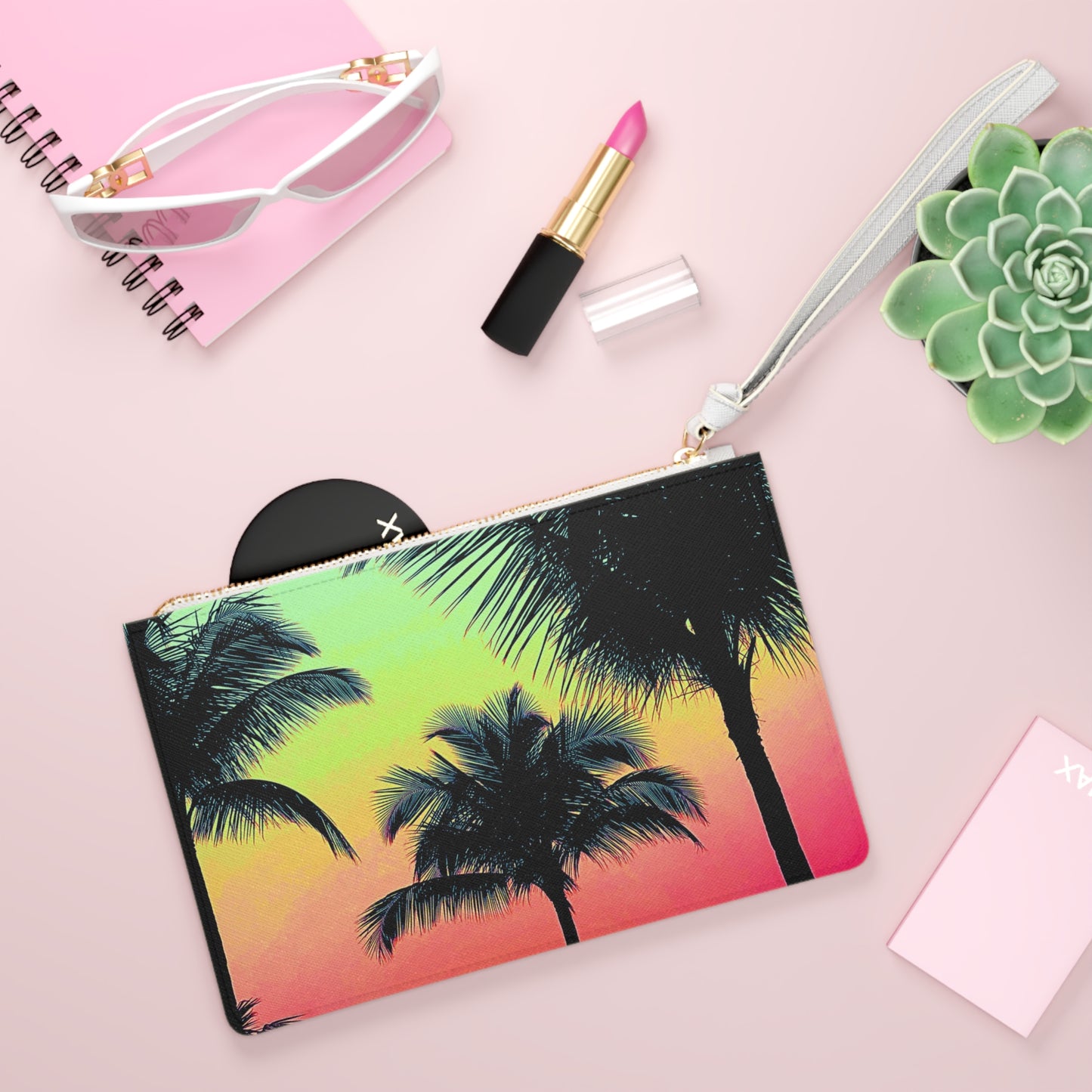 Tropical Faux Leather Clutch Bag - Perfect for Beach Adventures & Summer Vacations / Palm Glow, Sangria