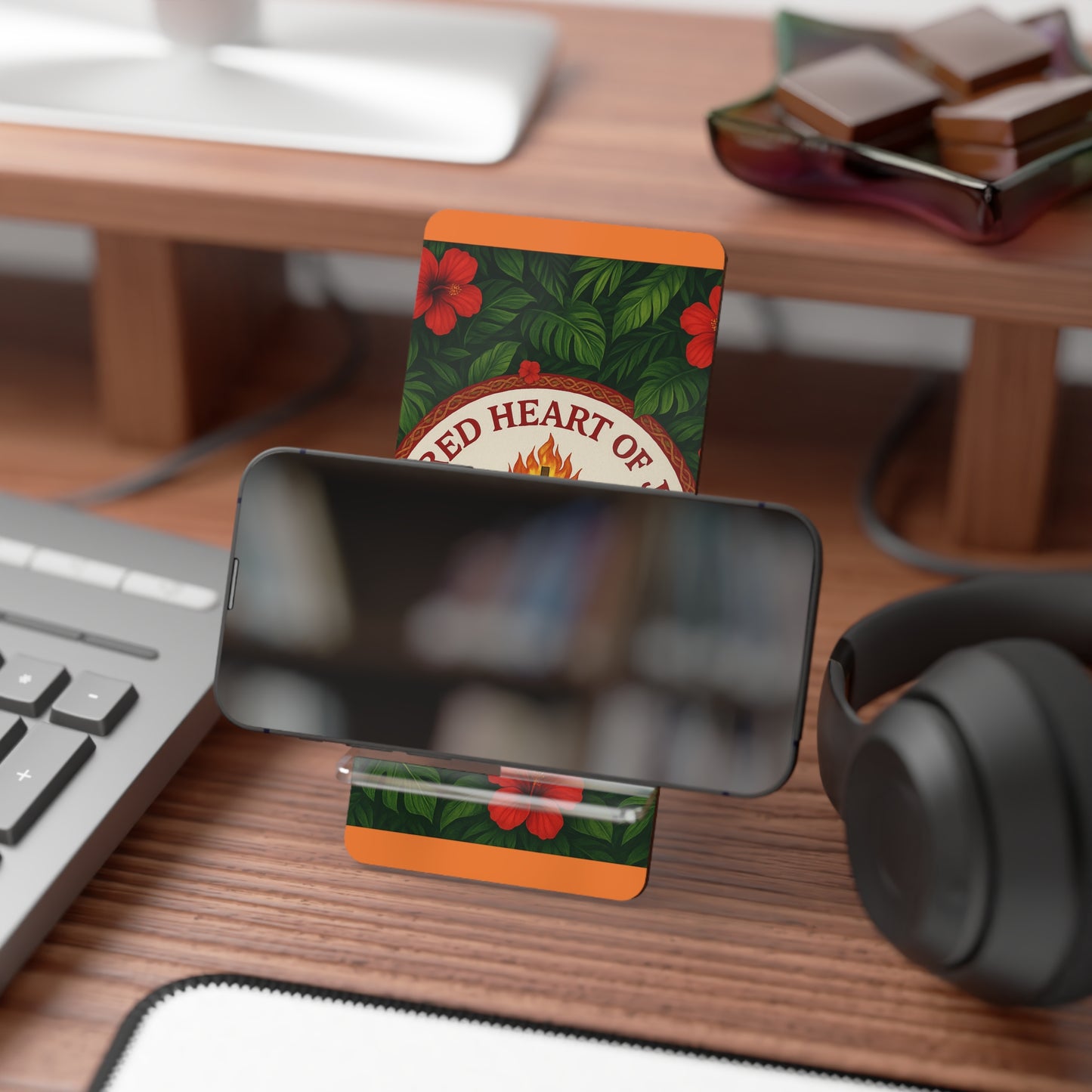 Religious Smartphone Display Stand with Sacred Heart of Jesus Prayer, Crusta Lt. Orange