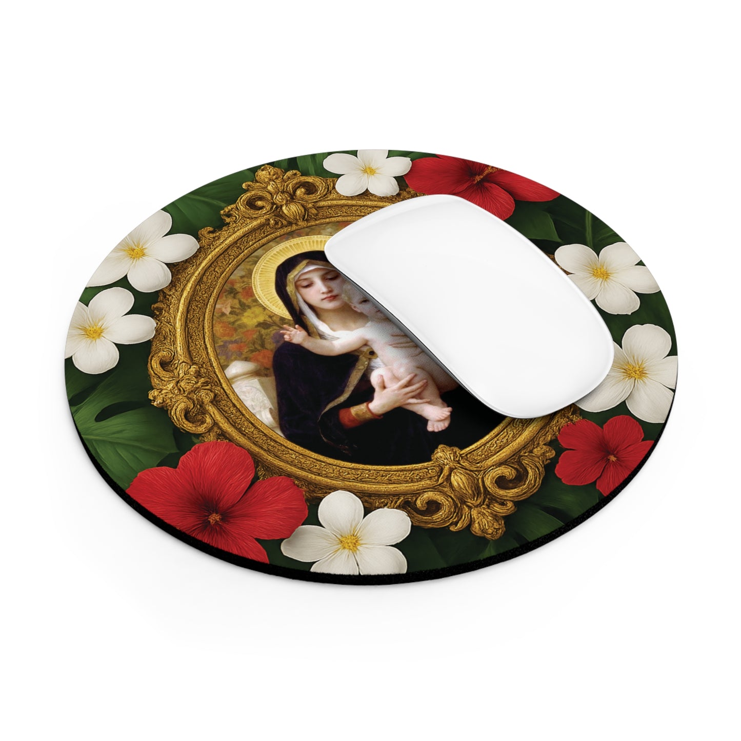 Religious Tropical Mouse Pad, 2 Shapes - Beach Vibes for Home Office & Gamer / Virgin of the Lilies