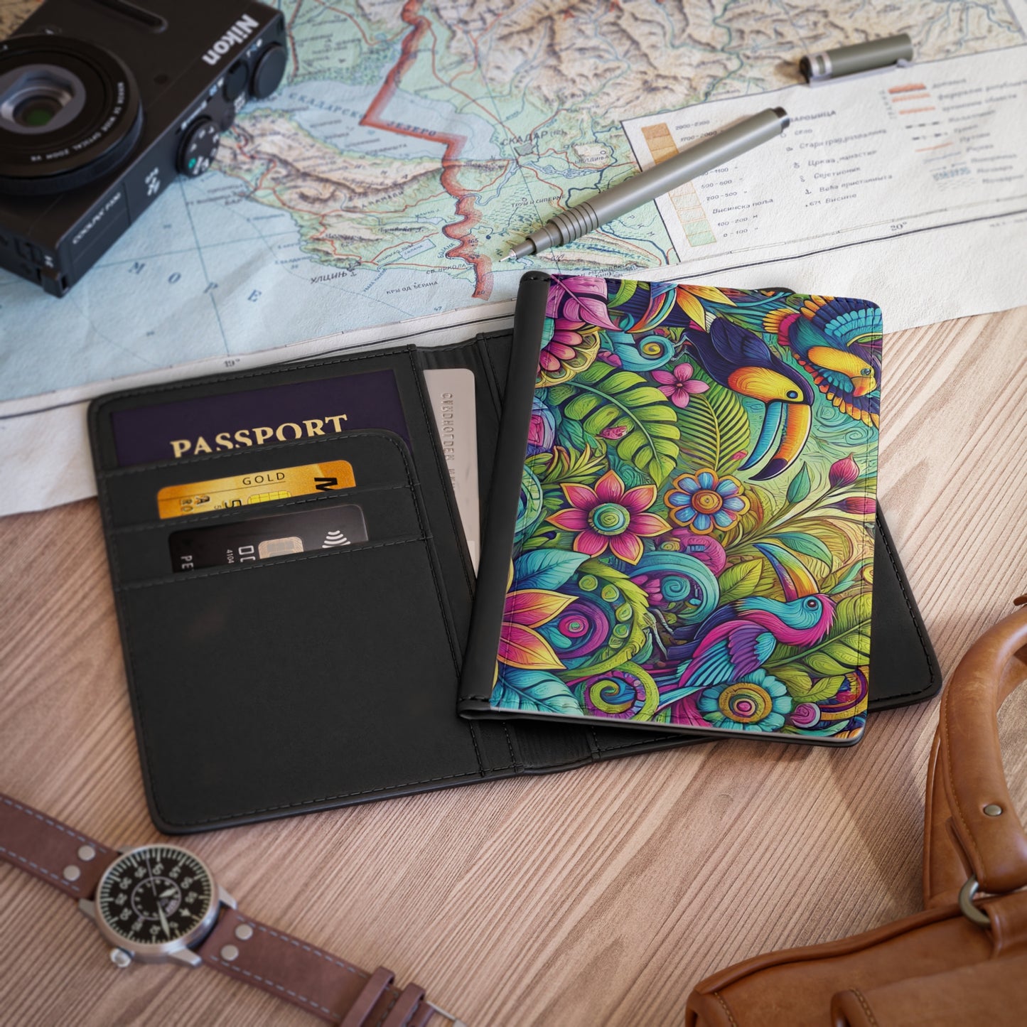 Tropical Passport Cover, Faux Leather - RFID blocking for travel security / Rainforest Music