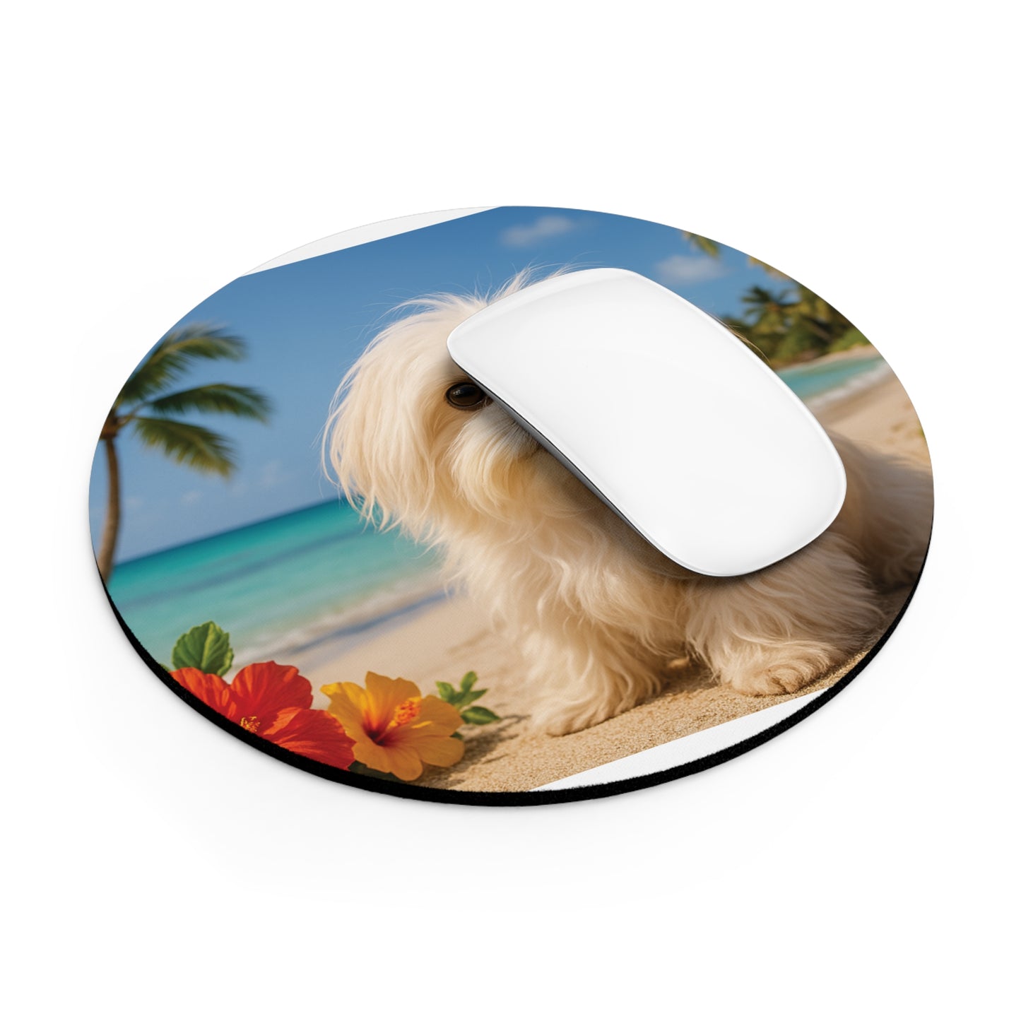 Tropical Mouse Pad, 2 Shapes - Fun Vibes for Home Office & Gamer / Puppy Ariel on the Beach