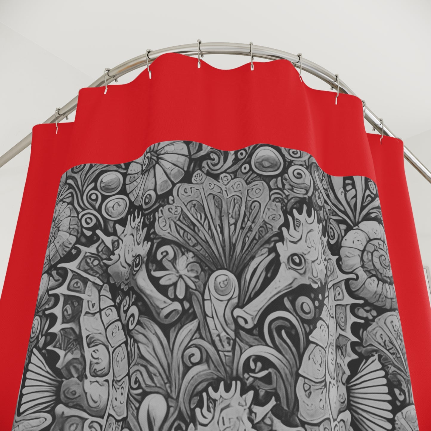 Tropical Shower Curtain - Ocean Bathroom Decor / Seahorse Trio Noir/Red
