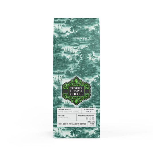 Rainforest Mist™ Single Origin DECAF (Medium Roast), Specialty Grade Craft Coffee / Tropical Toile, Evergreen