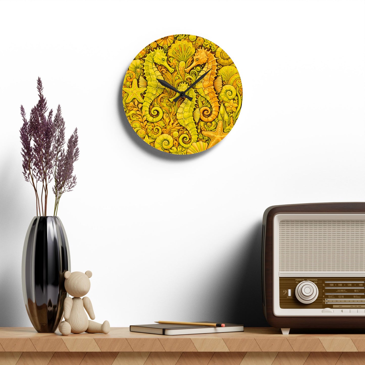 Acrylic Wall Clock / Seahorse Trio, Yellow