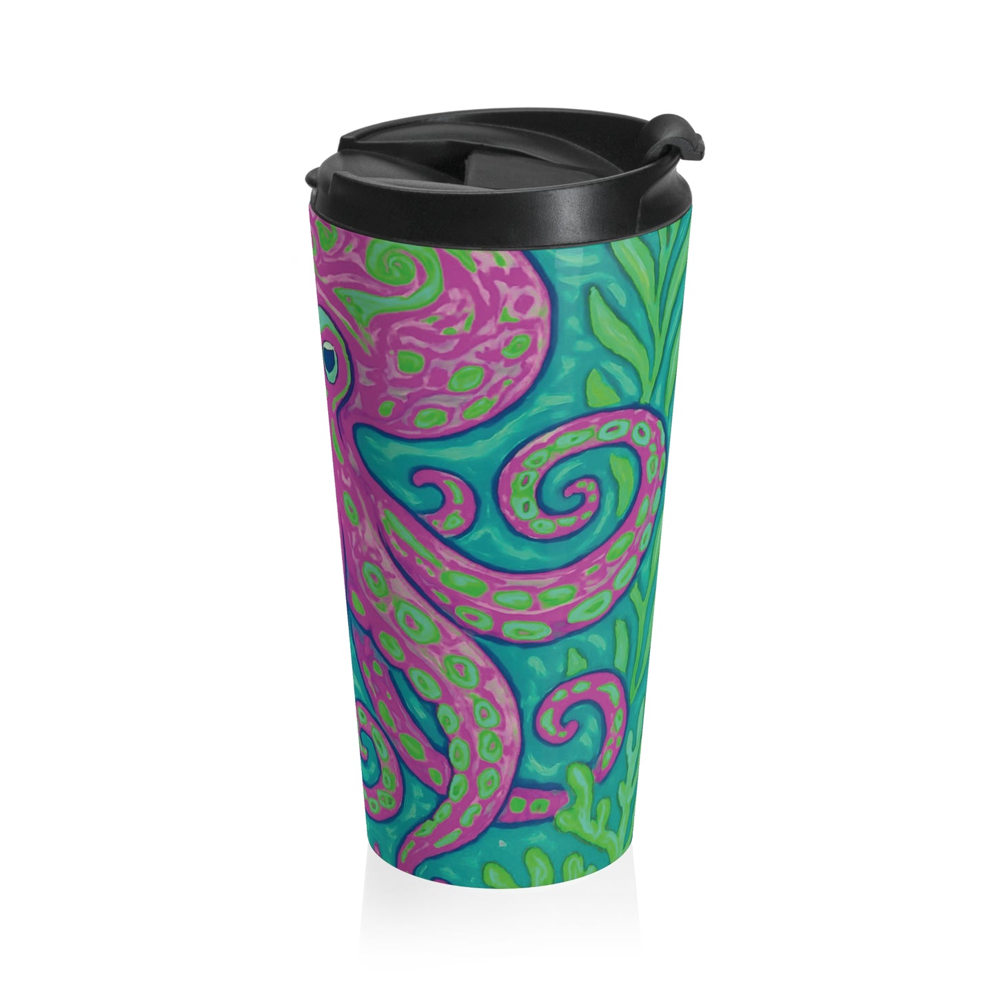 15 oz. Stainless Steel Travel Mug / Kraken Joe Octopus, Neon