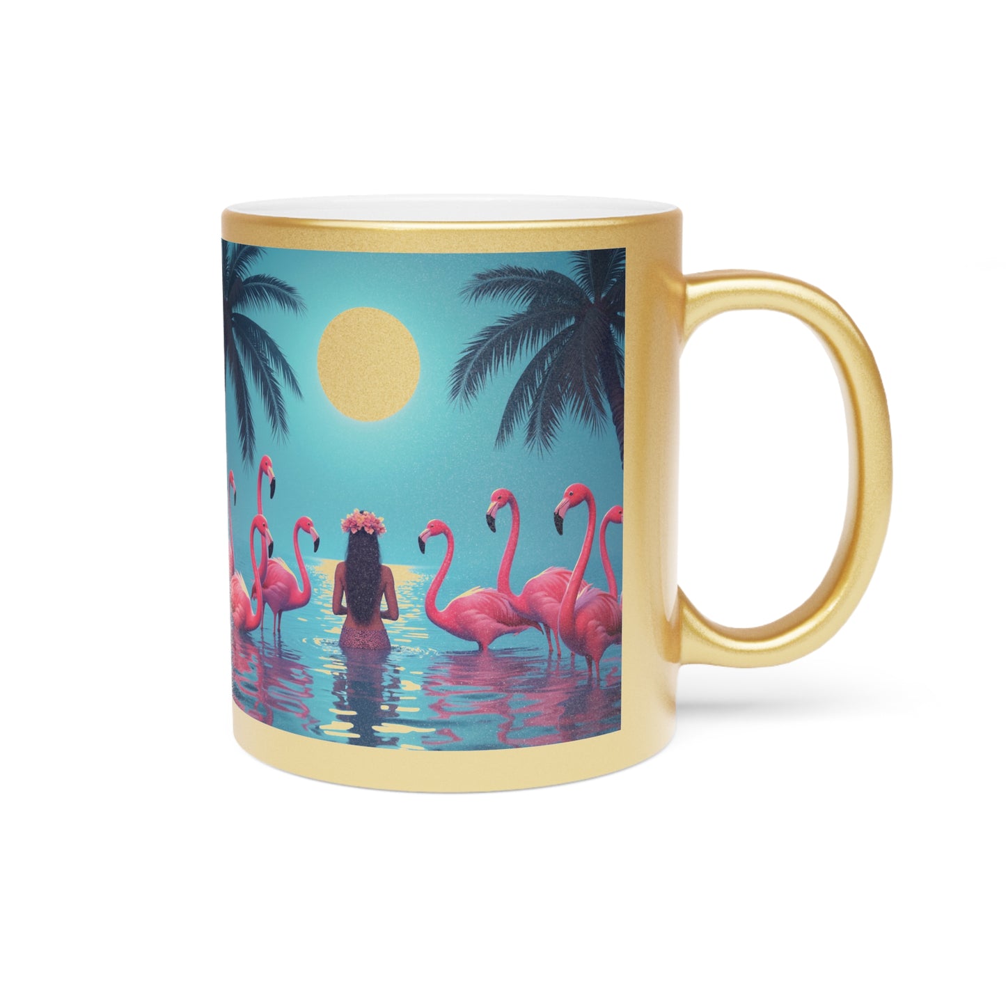 Tropical Metallic Mug, Gold or Silver - Moonlit Mermaid and Flamingos