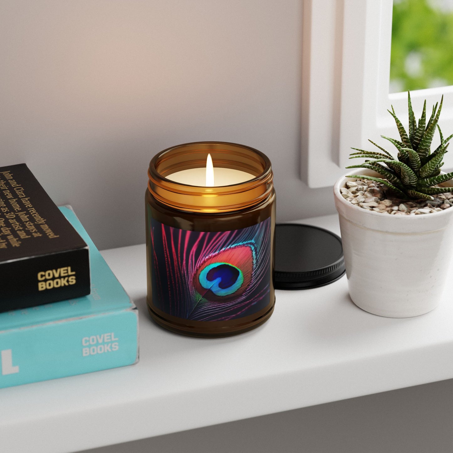 Soy Candle in Amber Jar - Multi-Size / Peacock Eye Feather, Magenta
