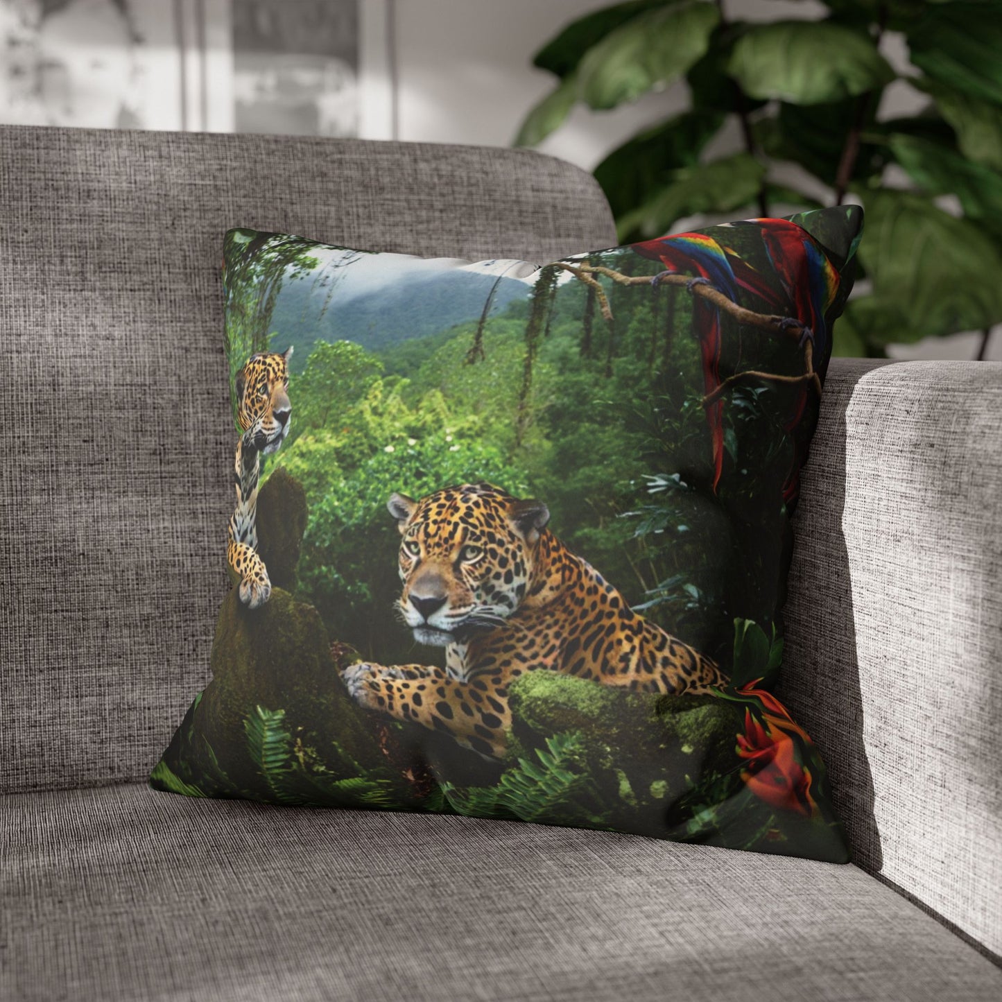 Faux Suede Square Pillowcase - Jaguars and Parrots