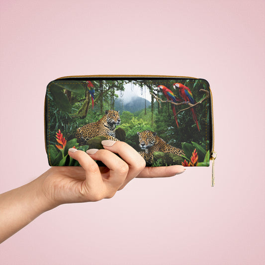 Tropical Zipper Wallet, Faux Leather / Vibrant Clutch / Jaguars and Parrots