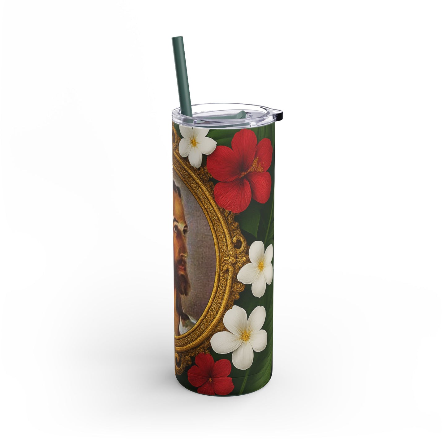 Religious 20oz Matte Tumbler, 7 Colors - Stylish Tropical Travel Cup - "Head of Christ" Jesus/Red Floral