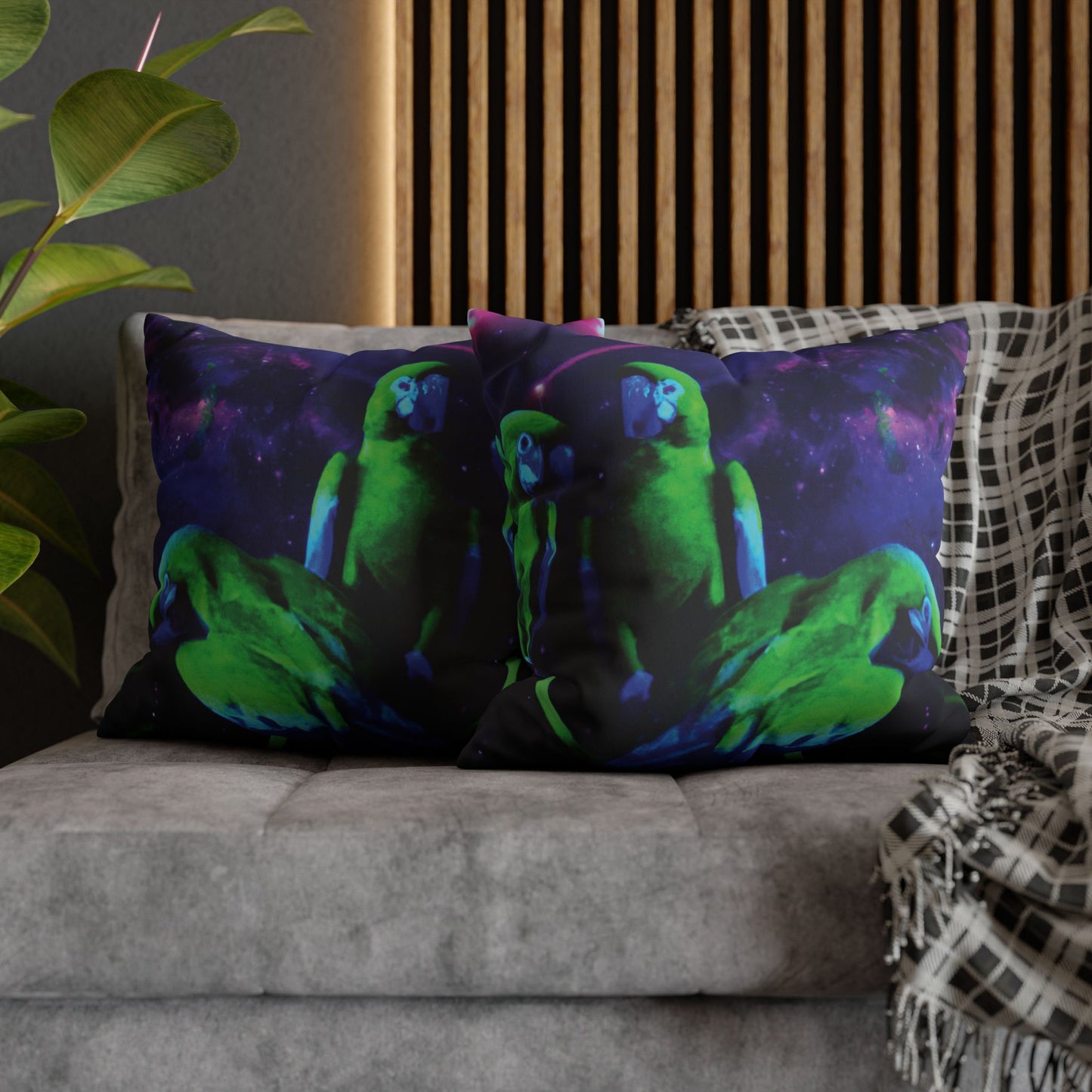 Faux Suede Square Pillowcase - Neon Parrots at Night