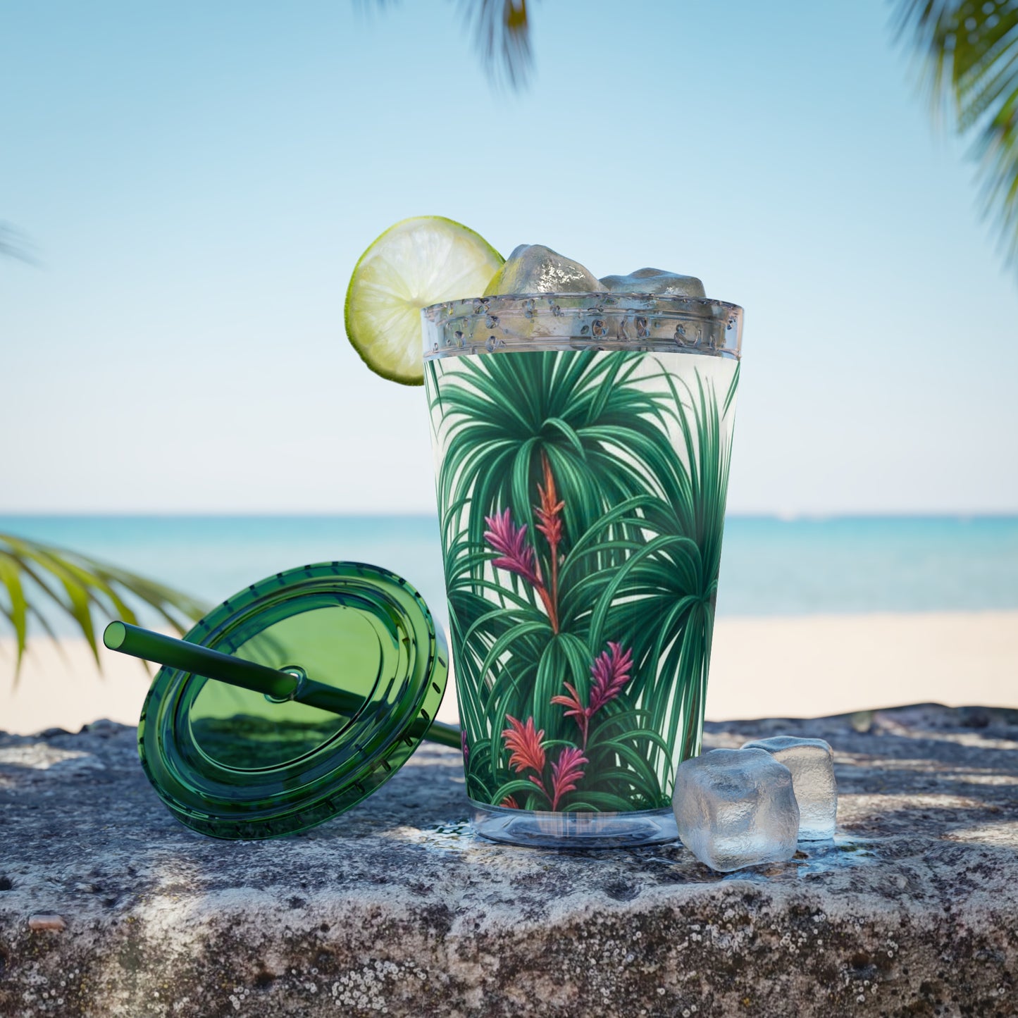 Tropical Tumbler with Straw | 16oz Colorful Travel Cup / Tiny Palm Island