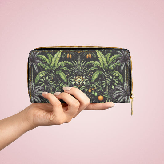 Tropical Zipper Wallet, Faux Leather / Vibrant Clutch / Tropical Fruit, Black