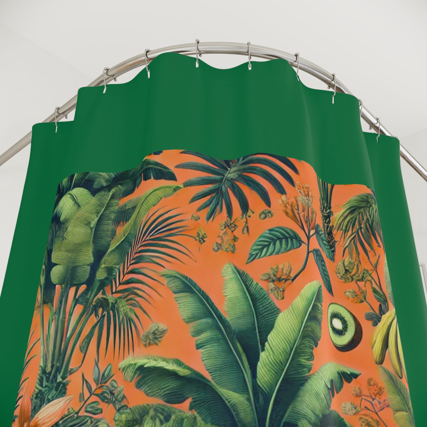 Palm Tree Shower Curtain - Ocean Bathroom Decor / Tropical Fruit/Orange, Dark Green