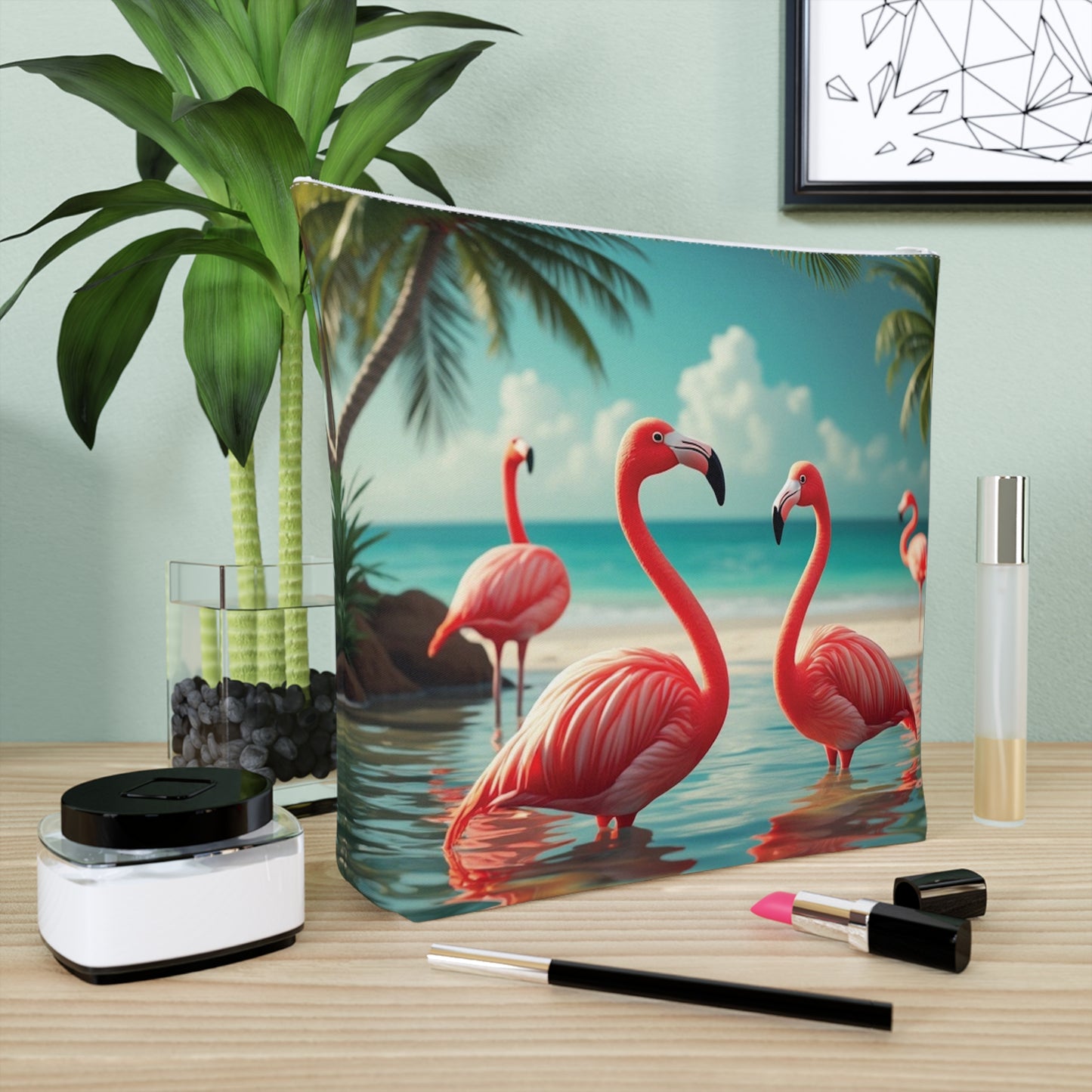 Tropical Cotton Cosmetic Bag, Makeup Pouch, 5 Sizes / Flamingo Morning Dip