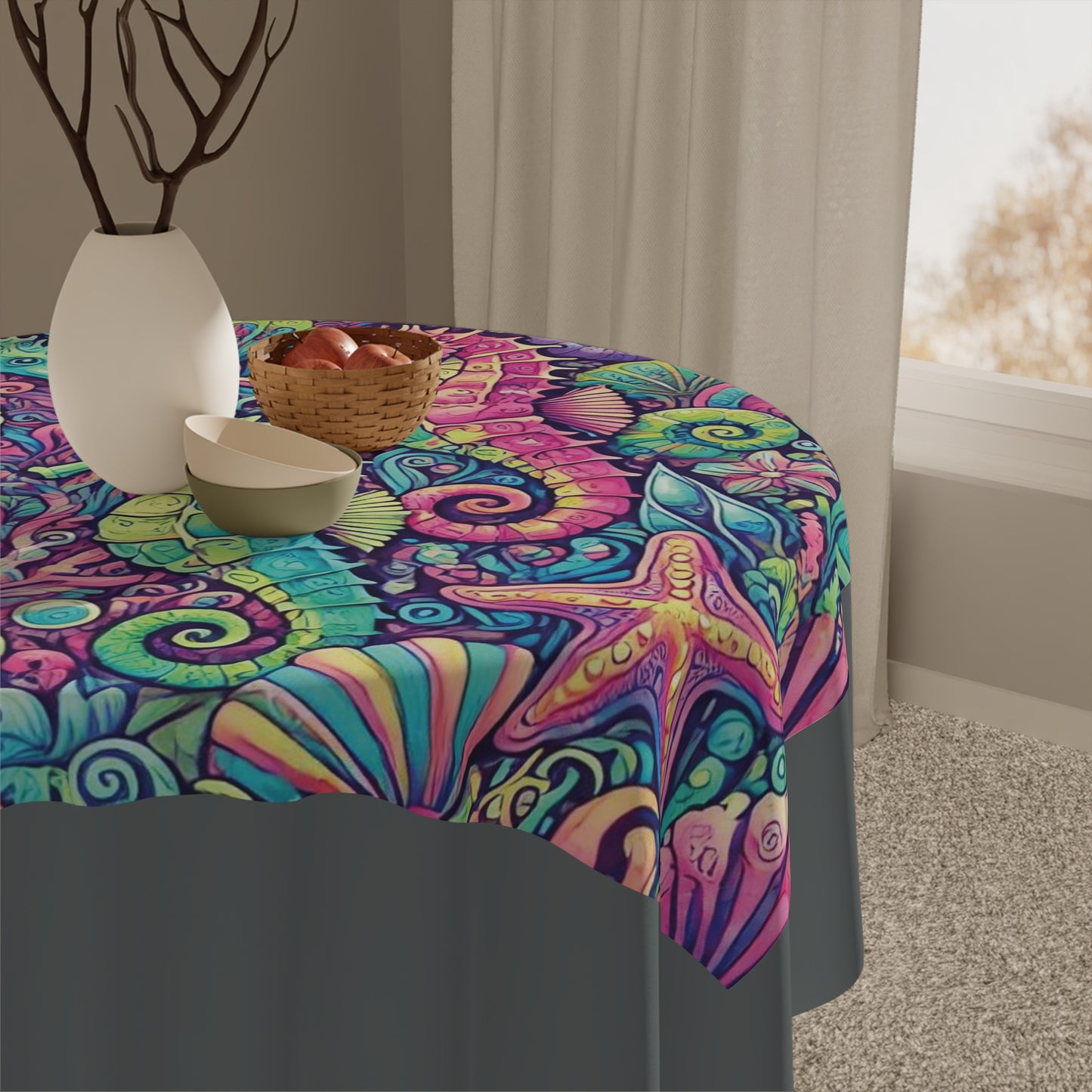 Seahorse Trio/Dark Grey ~ Square Tablecloth, 55" x 55"