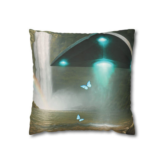 Faux Suede Square Pillowcase - UFO and Waterfall